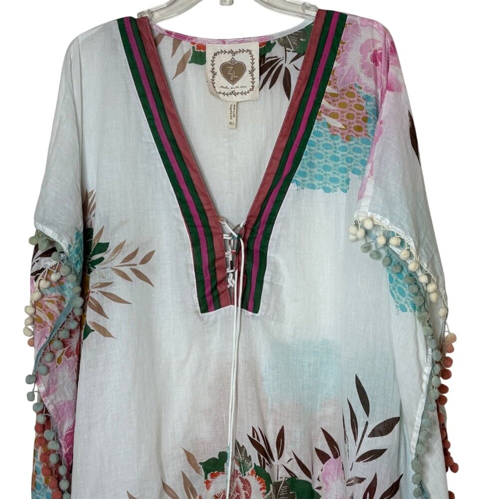 Z&L Boho Floral Tunic M L Pom Pom Trim Caftan Beach Cover Up India - Picture 3 of 9